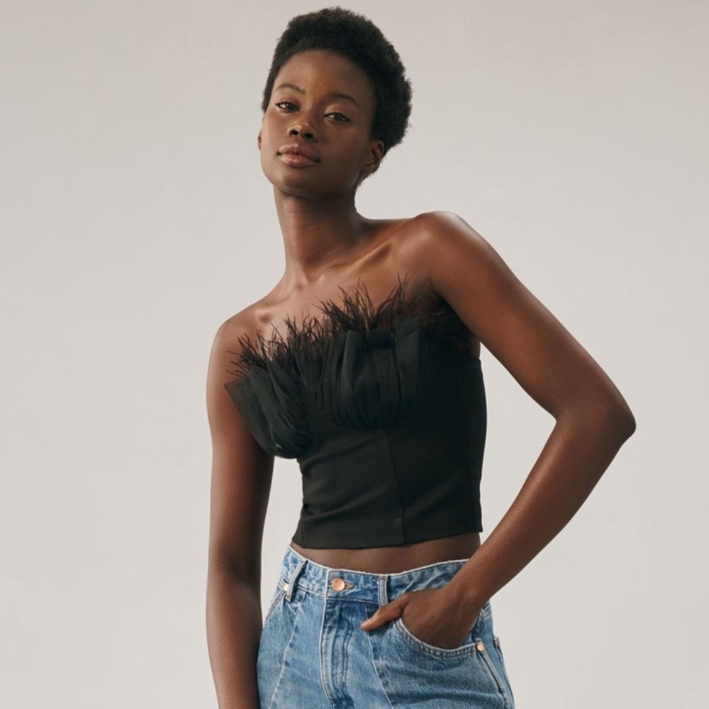 Eva Franco Strapless Tulle Corset Top Feathers Black NWT